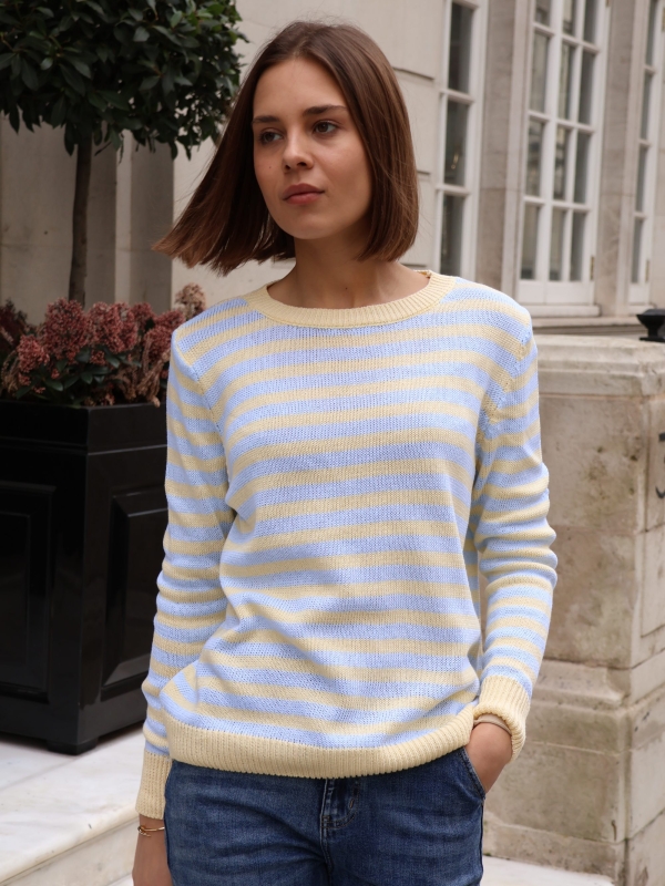 Chiara - Cotton Fine Knit Striped Sweater In Blue And Yellow