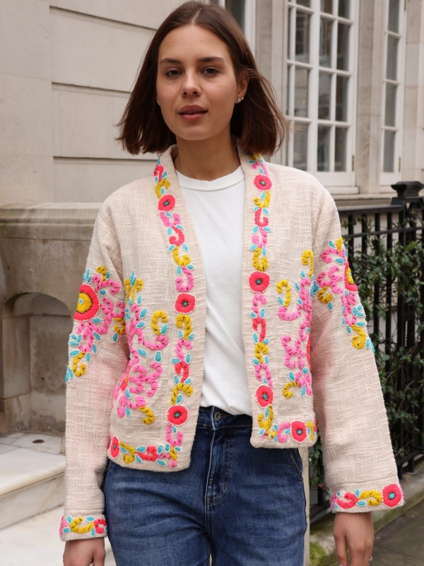 Isla - Beaded Cotton Open-Front Jacket Pink Floral
