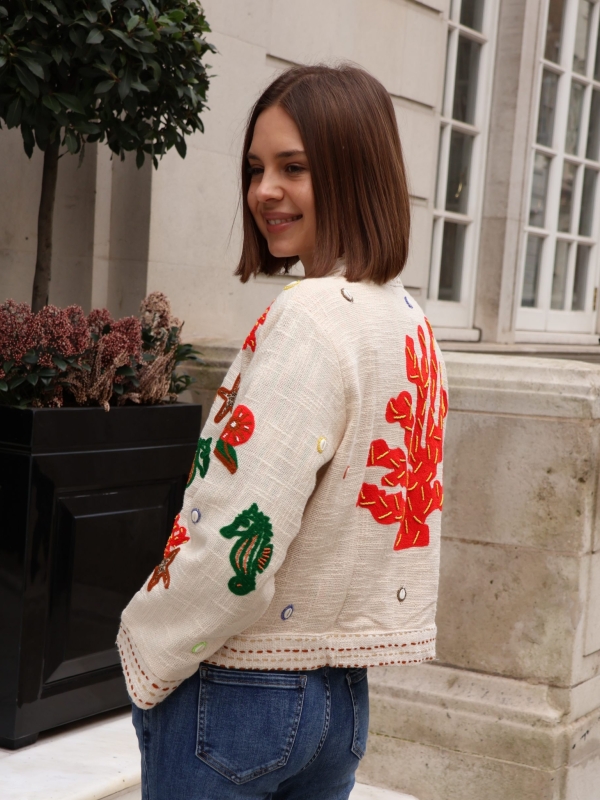 Isla - Beaded Cotton Open-Front Jacket Coral reef