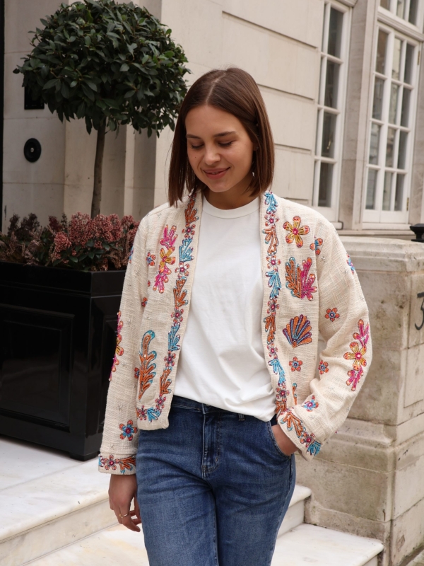 Isla - Beaded Cotton Open-Front Jacket Sea shell