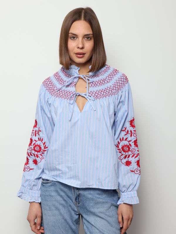 Clara -Blue Pinstripe Cotton Shirt with Red Floral Embroidery
