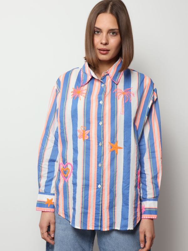 Christina - Striped Cotton Shirt with Orange Floral Embroidery