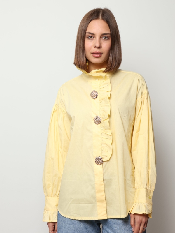 Ella - gold button embellished cotton shirt in yellow
