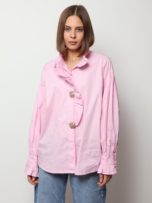 Ella - gold button embellished cotton shirt in pink