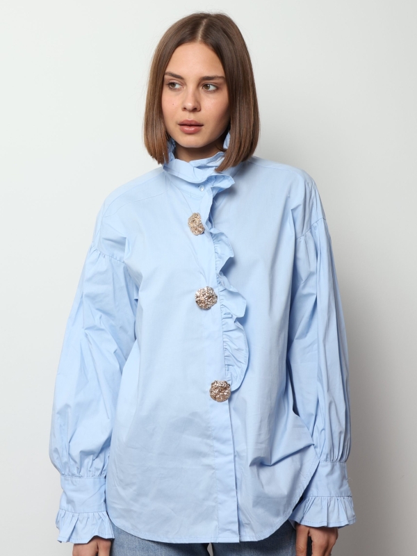Ella - gold button embellished cotton shirt in blue