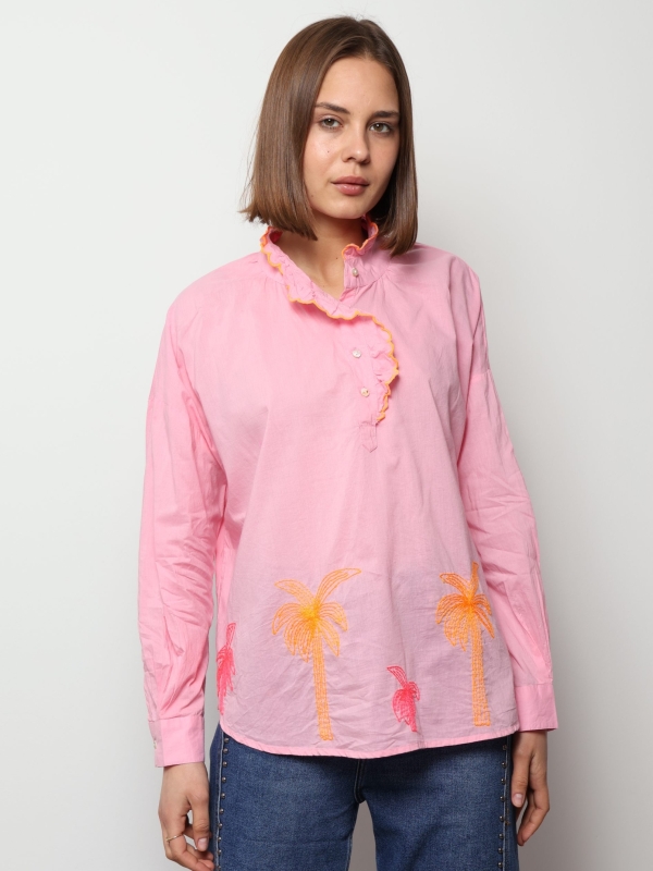 Olga- Pink Cotton Shirt with Palm Tree Embroidery