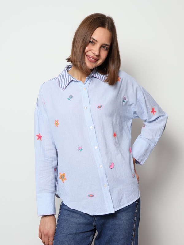 Cally-Blue & White Striped Cotton Shirt with Floral Embroidery