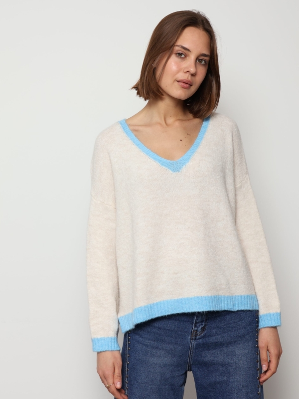Mila - Contrast Trim V-Neck Jumper In Blue
