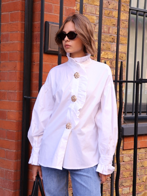 Ella - gold button embellished cotton shirt in white