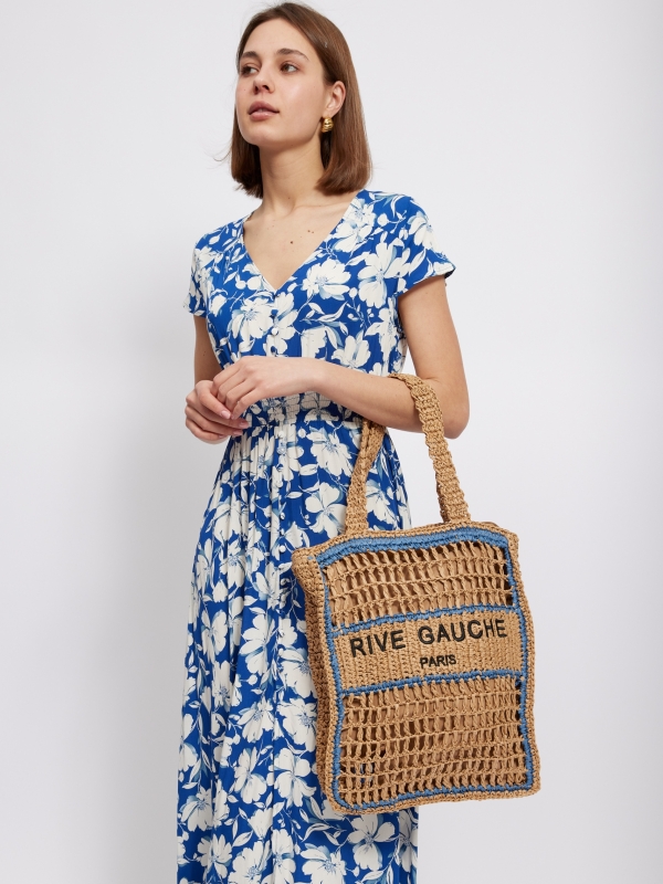 Holly - crocheted raffia tote in neutral and blue