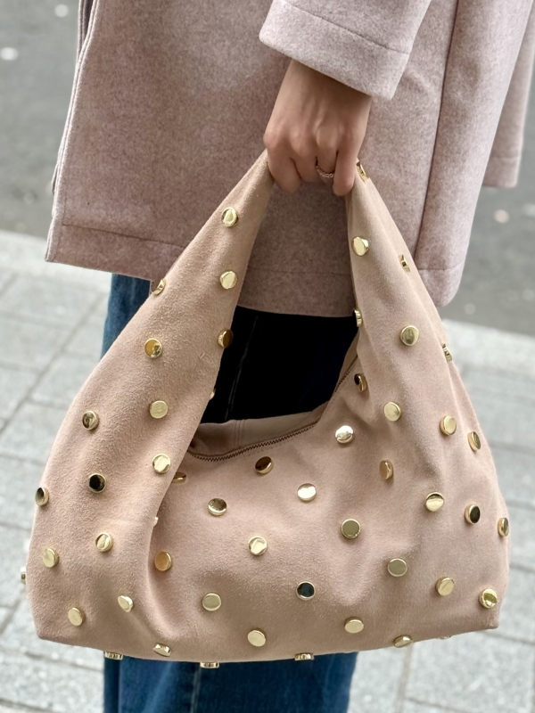 Edith - Suede Slouch Bag with Gold Studs In Nude