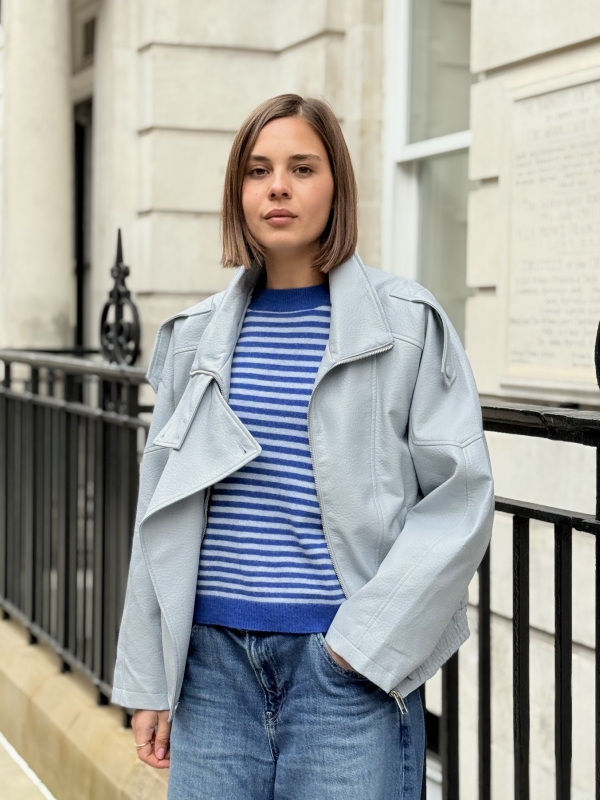 Harper High Collar Faux Leather Jacket In Blue