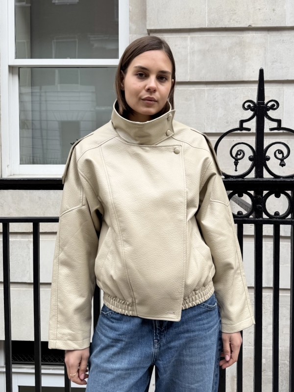 Harper High Collar Faux Leather Jacket In Beige