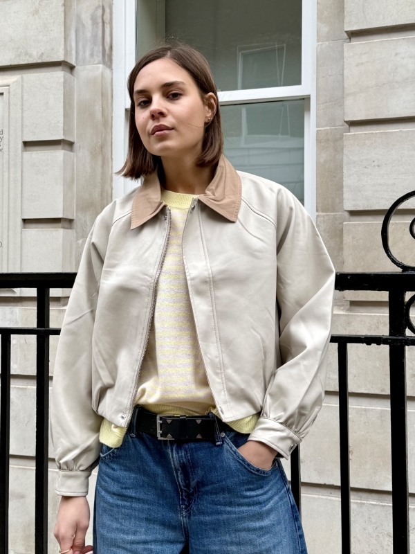 Kaylie - Faux Leather Bomber Jacket In Beige