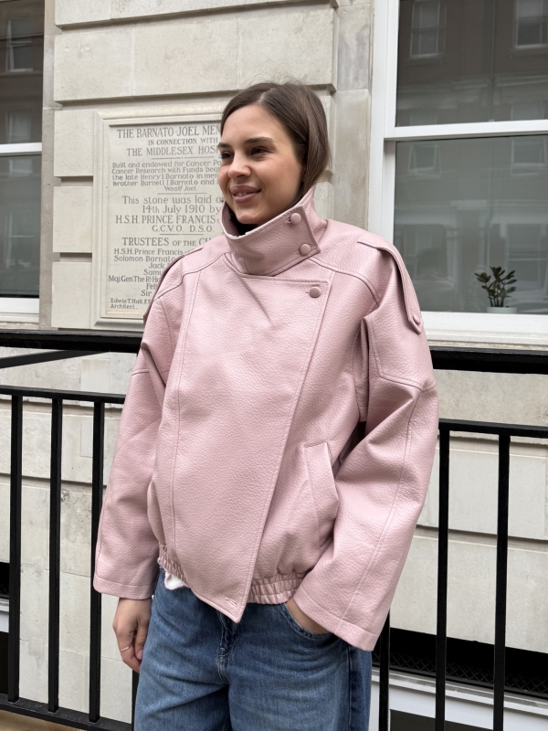 Harper High Collar Faux Leather Jacket In Pink