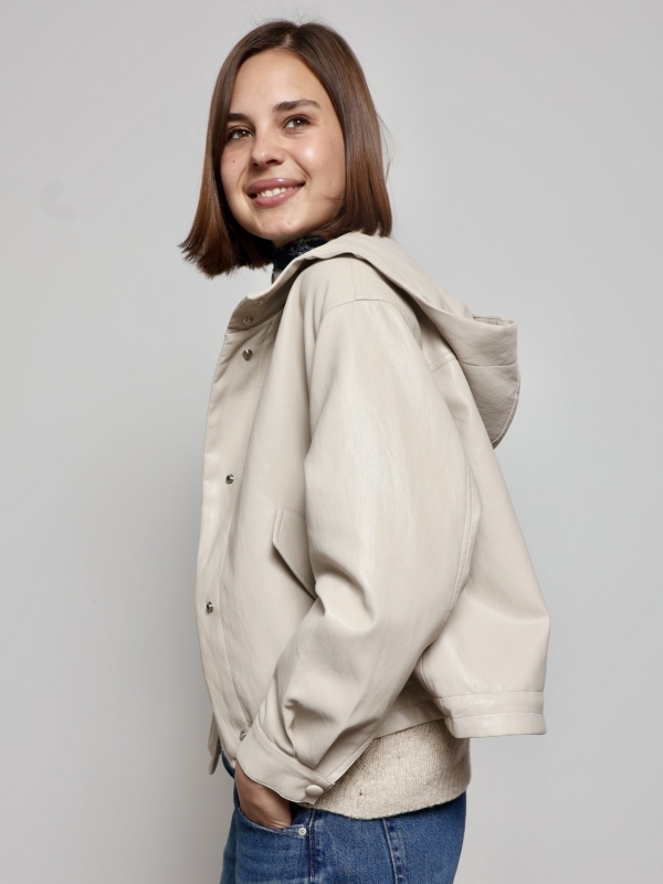 Sienna -Faux Leather Hooded Zip Jacket In Beige