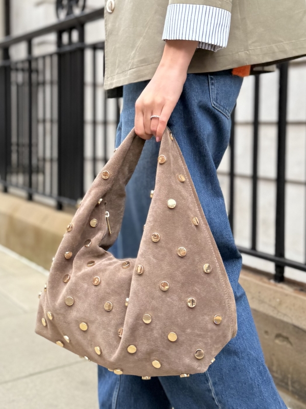 Edith - Suede Slouch Bag with Gold Studs In Beige