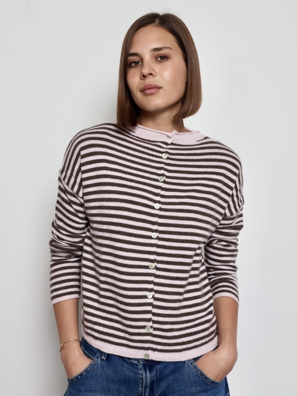 Maureen - Contrast Striped Cashmere-Blend Cardigan in Pink