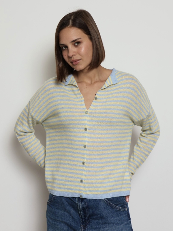 Maureen - Contrast Striped Cashmere-Blend Cardigan in blue