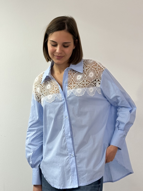 Kylie  -Cotton Blouse with Lace Sleeve Details In blue