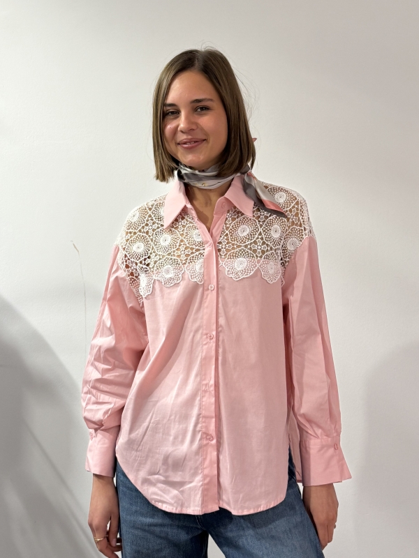 Kylie  -Cotton Blouse with Lace Sleeve Details In Pink