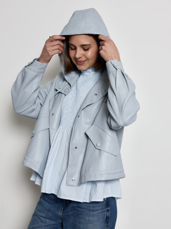 Sienna -Faux Leather Hooded Zip Jacket In Blue