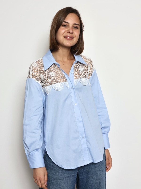Kylie  -Cotton Blouse with Lace Sleeve Details In blue