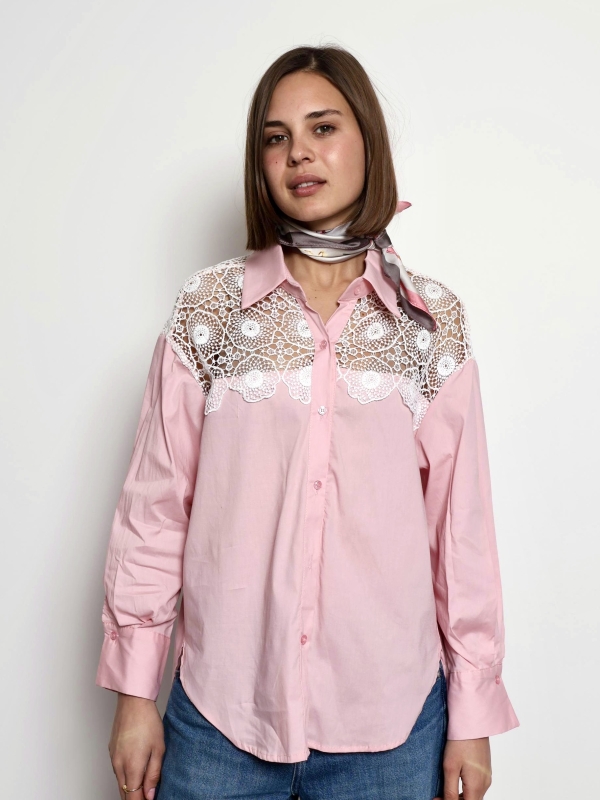 Kylie  -Cotton Blouse with Lace Sleeve Details In Pink