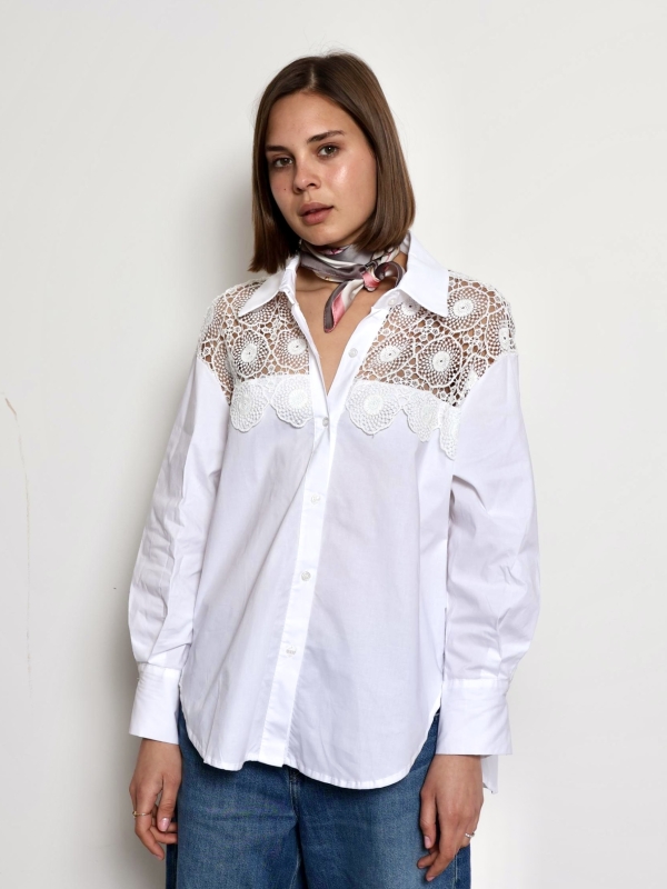 Kylie  -Cotton Blouse with Lace Sleeve Details In white