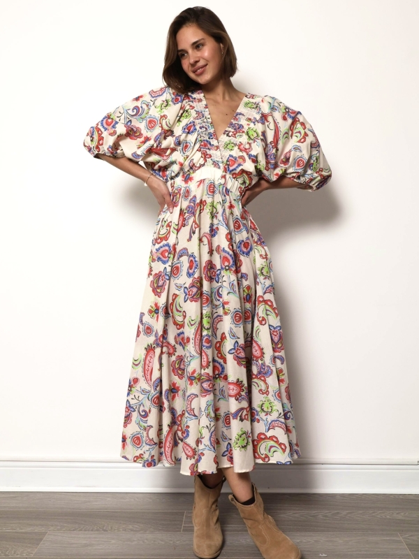 Genevieve - Ruched Cotton Maxi Dress In Paisley