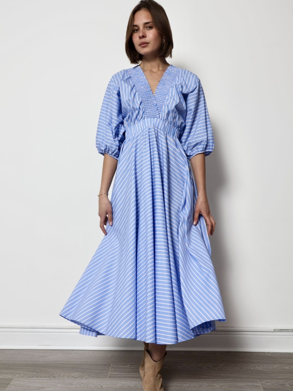 Genevieve - Ruched Cotton Maxi Dress In Light Blue