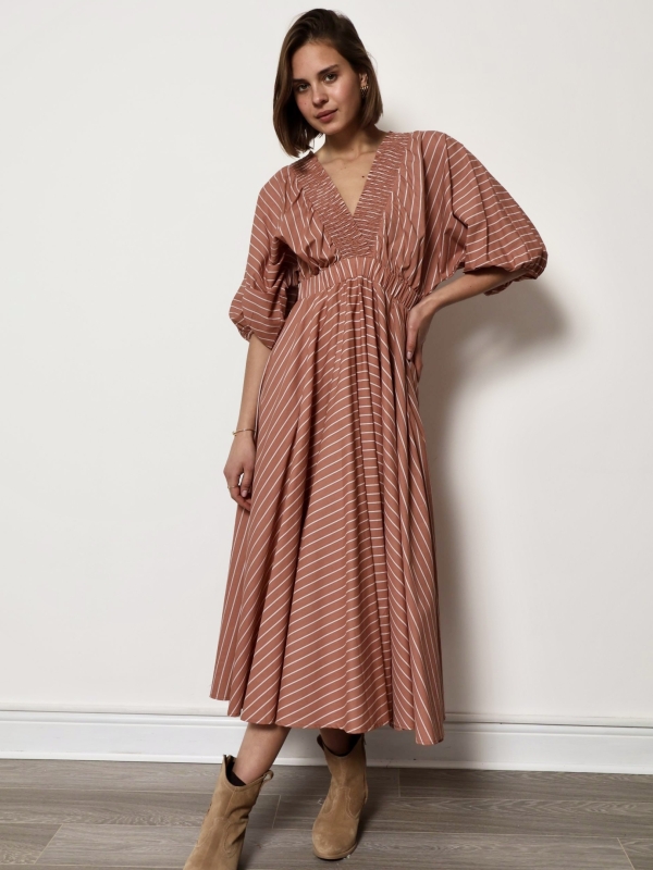 Genevieve - Ruched Cotton Maxi Dress In Brown