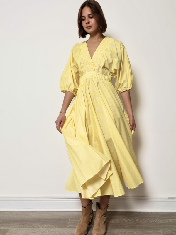 Genevieve - Ruched Cotton Maxi Dress In Yellow