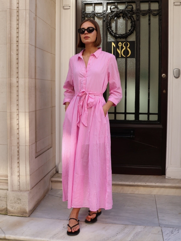 Dakota - Gingham Cotton Shirt Dress in Pink