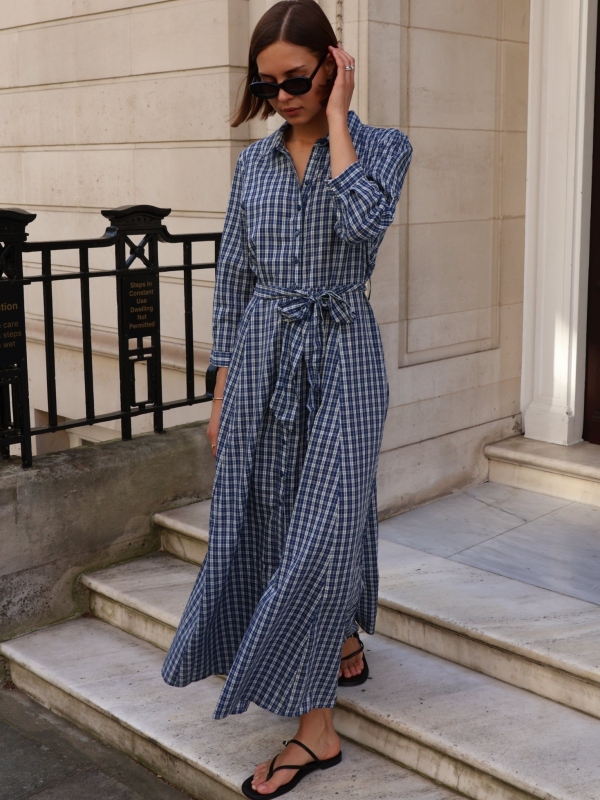 Dakota - Gingham Cotton Shirt Dress in navy