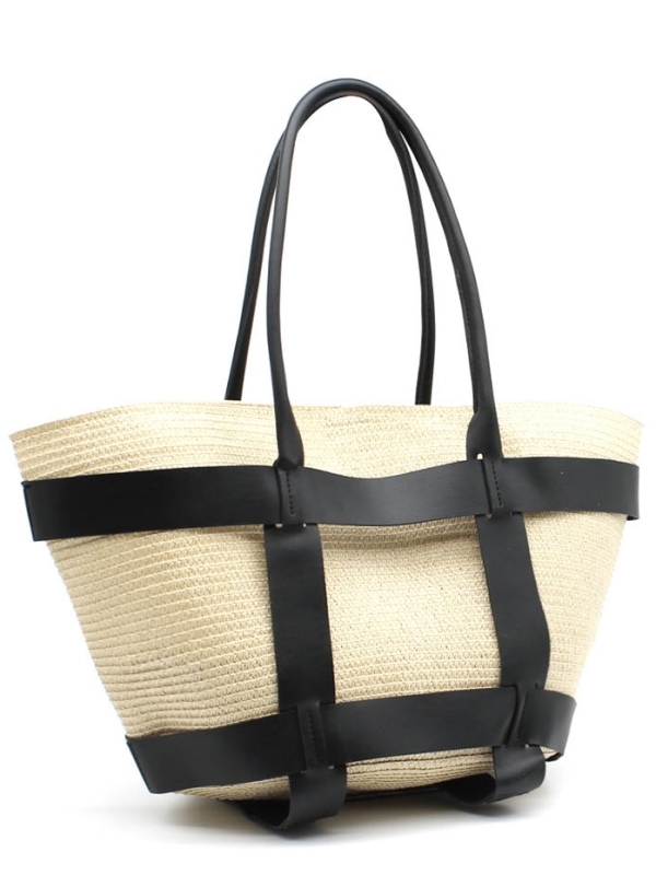 Bali -Natural Raffia  Bag with PU Trim and Strap Details in black