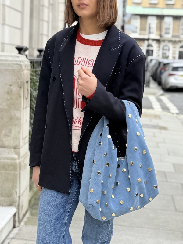 Edith - Suede Slouch Bag with Gold Studs In Blue