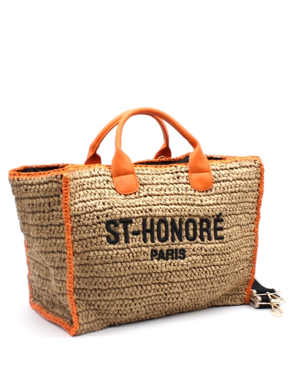 Hayle - crocheted raffia tote in neutral and orange