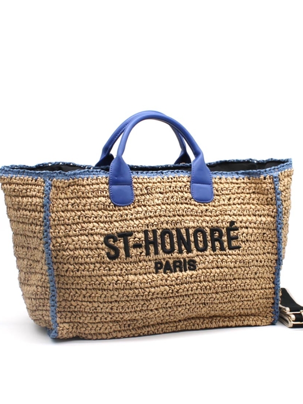 Hayle - crocheted raffia tote in neutral and blue