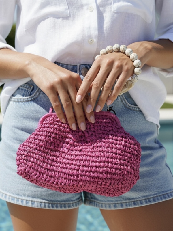 Bonnie - Raffia Bag with Beaded Handle in pink