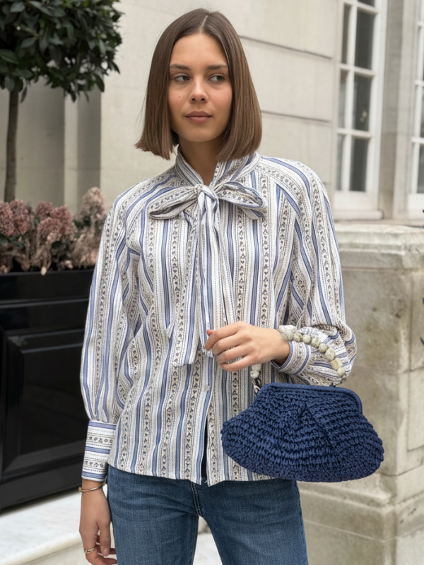 Bonnie - Raffia Bag with Beaded Handle in blue