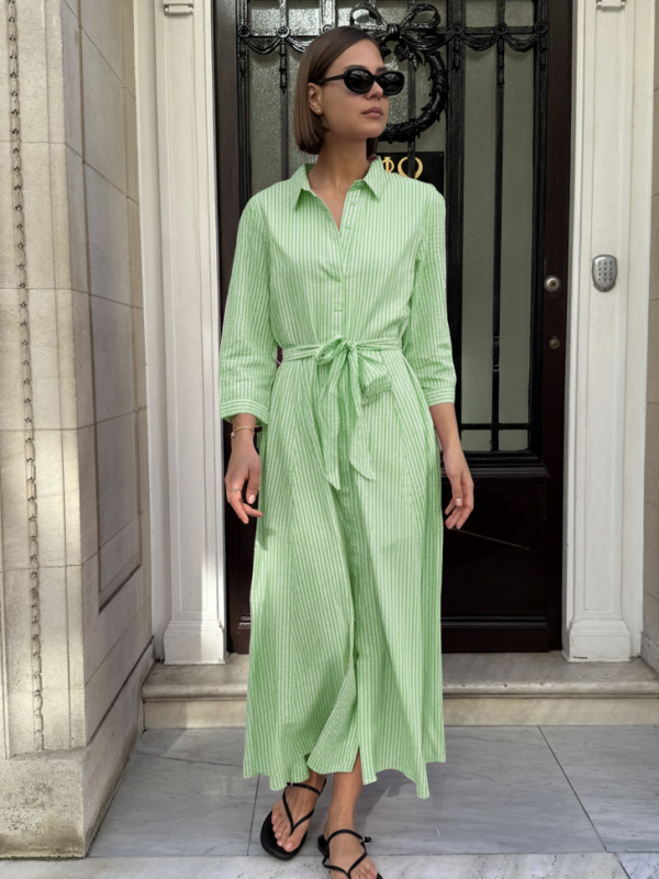 Dakota - Striped Cotton Shirt Dress in green