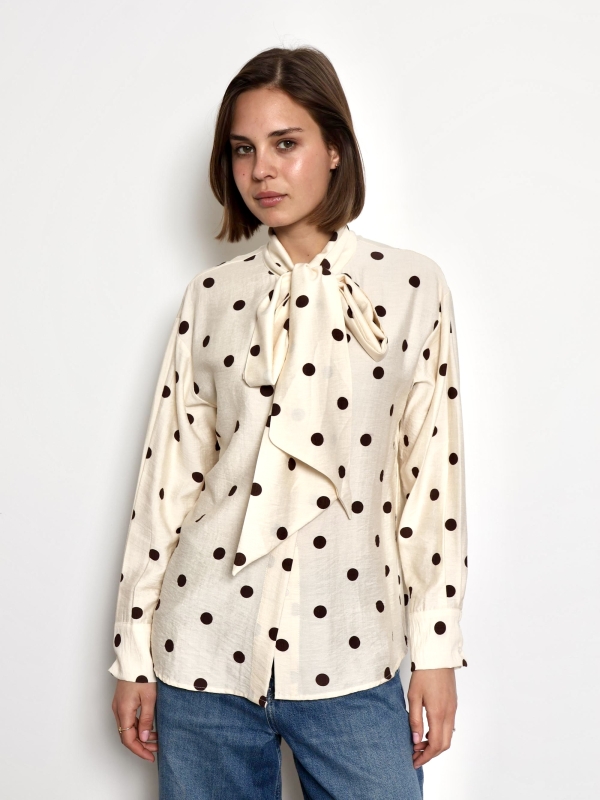 Pauline - Polka Dot Bow Shirt in cream and brown