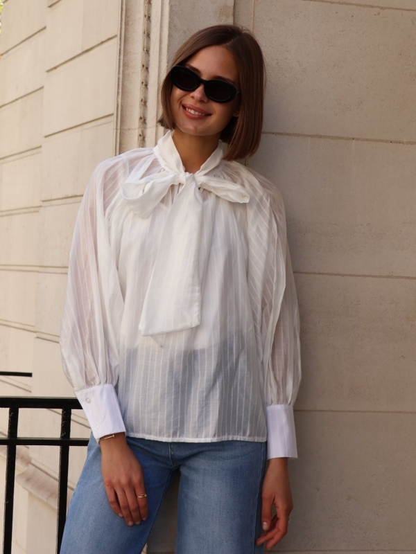Samantha -Tonal Stripe Bow Shirt In White