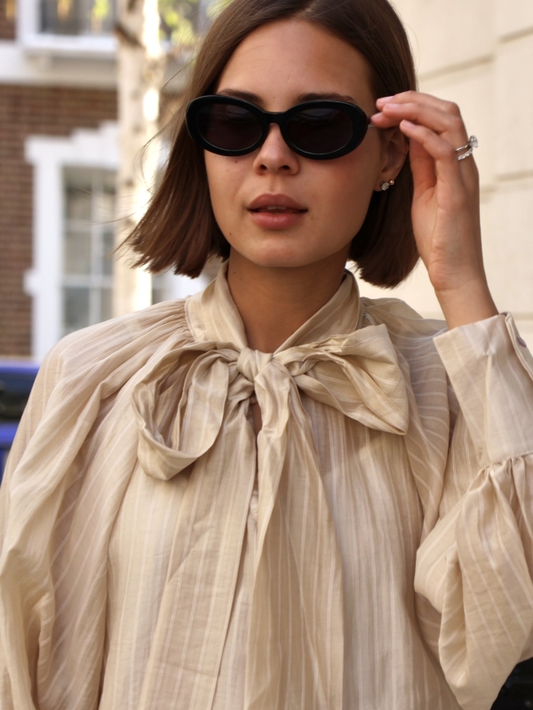 Samantha -Tonal Stripe Bow Shirt In Beige