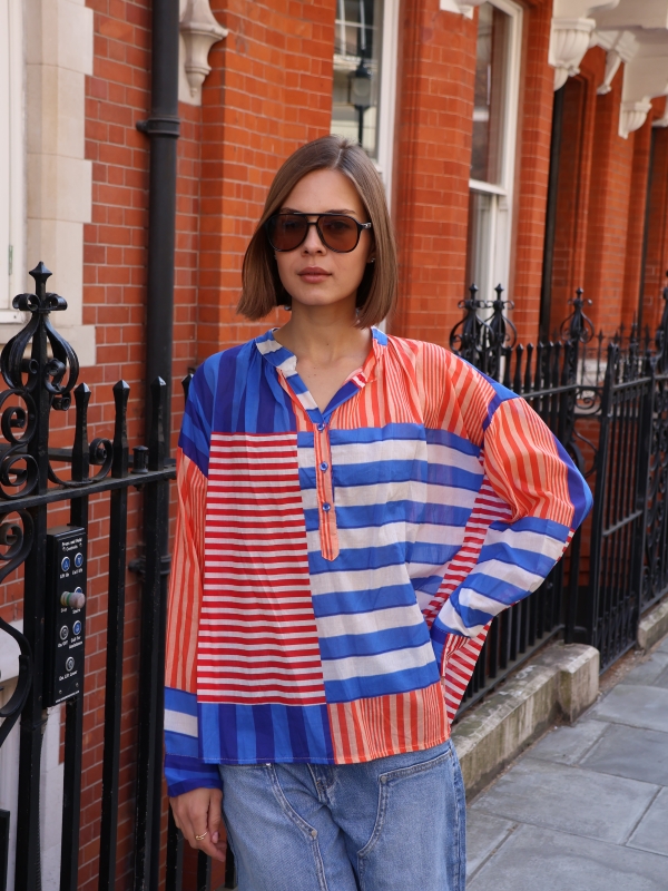 Alma- Vibrant Stripe Cotton Blouse in blue