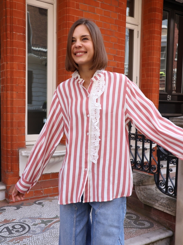 Stephanie - Vertical Striped Shirt with Broderie Trim In Orange
