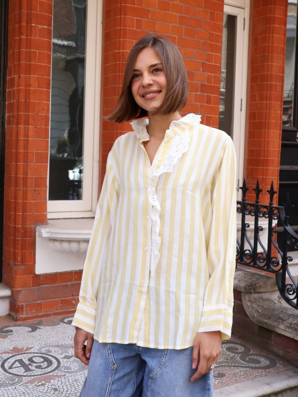 Stephanie - Vertical Striped Shirt with Broderie Trim In Yellow