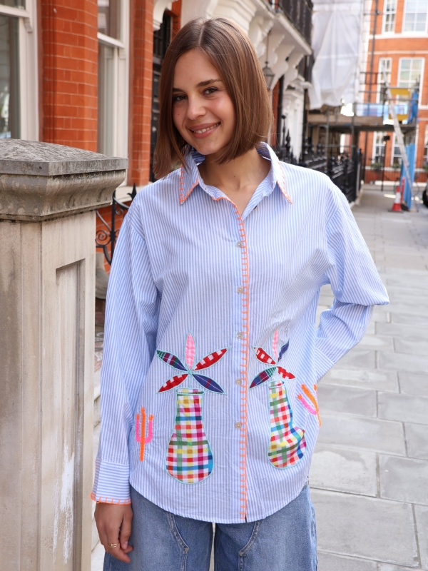 Christa - Striped Cotton Shirt with Floral Embroidery