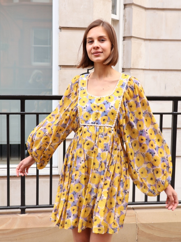 Harlow -Floral Print Silk Blend Mini Dress in yellow